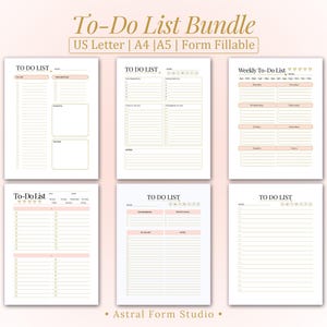 May include: A bundle of six printable to-do list templates in US Letter, A4, and A5 sizes. The templates include daily, weekly, and general to-do lists with space for notes and priorities. The design features a soft color palette with a minimalist aesthetic.