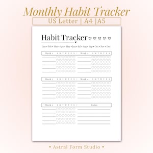 May include: A white habit tracker printable with the title "Monthly Habit Tracker" and the text "US Letter | A4 | A5". The tracker includes sections for each week of the month, with spaces to mark daily habits.