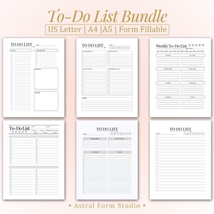 May include: A collection of six printable to-do list templates in US Letter, A4, and A5 sizes. The templates include daily, weekly, and general to-do lists with sections for tasks, notes, and scheduling. The text "To-Do List" is at the top of each page.