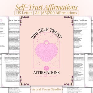 May include: A pink and white affirmation set with the text "Self-Trust Affirmations" and "200 Self Trust Affirmations". The set includes multiple pages with affirmations. The design features floral accents and a heart-shaped pendant.