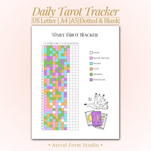 May include: A white Daily Tarot Tracker printable with a colorful grid for tracking tarot readings. The design includes the text "Daily Tarot Tracker" and illustrations of tarot cards and a hand. The document is available in US Letter, A4, A5, Dotted & Blank.