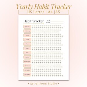 May include: A yearly habit tracker in soft pink and gold tones. The design features a calendar layout with spaces for each month and day, and the text "Yearly Habit Tracker" at the top. Available in US Letter, A4, and A5 sizes, ideal for tracking habits.