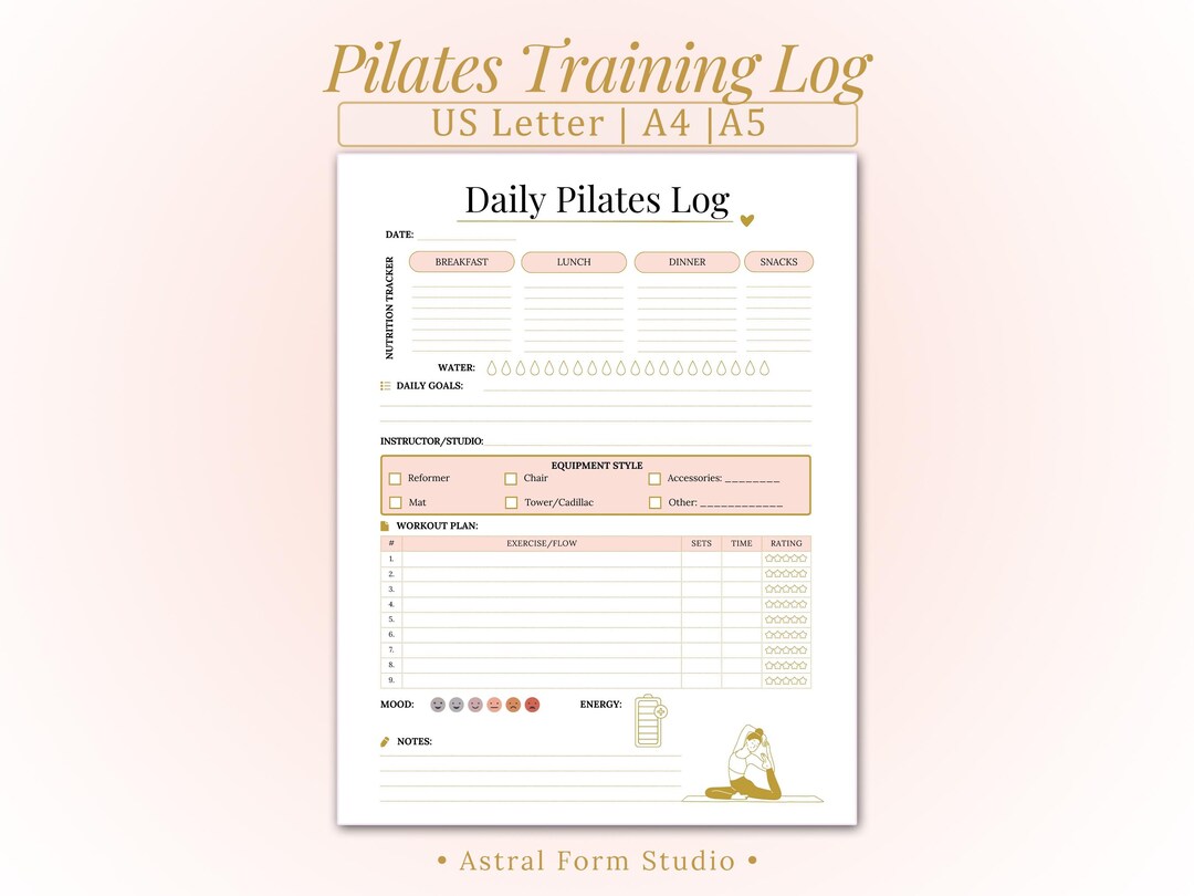 Pilates Training Log | Pilates PDF, Fitness Class Habit Tracker, Goals, Workout Log, Water and ...