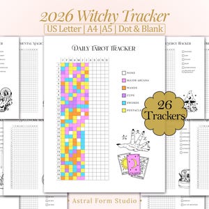 Op de afbeelding: Een verzameling afdrukbare witchy trackers voor 2026, waaronder een dagelijkse tarot tracker en diverse andere trackers. Het ontwerp heeft een rasterindeling met kleurrijke blokken en illustraties. De tekst bevat "2026 Witchy Tracker" en "26 Trackers".