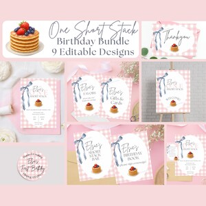 Puede incluir: Un conjunto de cumpleaños con temática de cuadros rosas y blancos con nueve diseños editables. Los diseños incluyen invitaciones, tarjetas de agradecimiento y etiquetas de recuerdo. Cada diseño presenta una pila de panqueques cubiertos con bayas y una cinta azul.