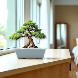 May include: A miniature bonsai tree with vibrant green leaves and a gnarled brown trunk in a pale blue rectangular pot. The bonsai is on a wooden surface near a window, with a bedroom visible in the background.
