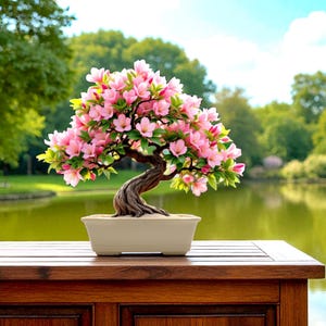 Puede incluir: Un bonsái con flores rosas en una maceta rectangular beige se encuentra sobre una mesa de madera. El árbol tiene un tronco retorcido y está rodeado de follaje verde. El fondo presenta un lago y árboles bajo un cielo azul.