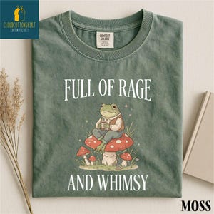 a green t-shirt with a cartoon frog sitting on a mushroom and surrounded by mushrooms, with the text "FULL OF RAGE AND WHIMSY" printed on it.
