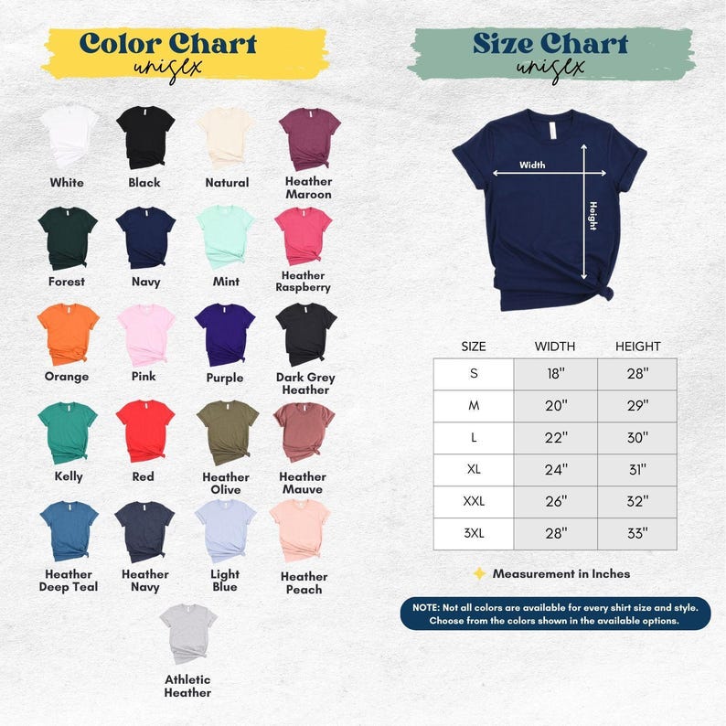 The image is a color chart and size chart for a variety of t-shirt designs, including different colors and sizes. The chart provides a visual representation of the available color options and corresponding measurements for each design.