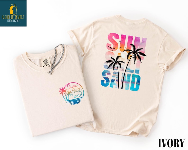 two t-shirts with beach-themed designs, including palm trees and a sunset.