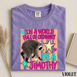 A purple t-shirt with a colorful graphic design featuring a raccoon and text that reads "In a world full of ordinary, be a jimothy".