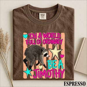 A brown t-shirt with a colorful graphic design featuring a raccoon and the text "In a world full of ordinary, be a jimothy".
