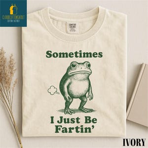 May include: Ivory-colored t-shirt with a green frog illustration and the text "Sometimes I Just Be Fartin'". The shirt features a crew neck and a Comfort Colors tag. The design is centered on the front of the shirt.