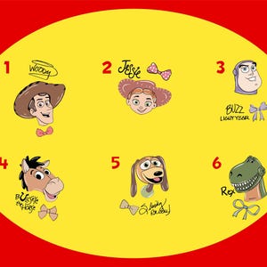 six cartoon character illustrations, each with a unique design and name, arranged in a circular pattern against a yellow background.