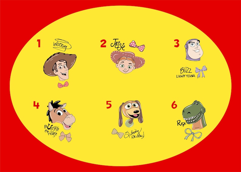 six cartoon character illustrations, each with a unique design and name, arranged in a circular pattern against a yellow background.
