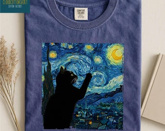 Van Gogh Cat Shirt, Cute Black Cat Sweatshirt, Cat Lovers Gift, Aesthetic Painting Sweater, Funny Cat Tee, Comfort Colors T-Shirt