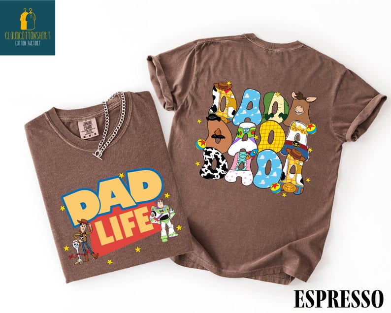 a brown t-shirt with a colorful graphic design and text, along with a smaller t-shirt with a similar design.