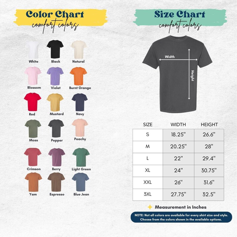 The image is a color chart and size chart for a t-shirt, providing a visual representation of different color options and corresponding measurements for various shirt sizes.