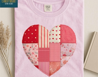 Faux Patchwork Hearts Sweatshirt, Valentines Day Shirt, Love Sweater, Faux Quilt Heart Tee, Gift for Her, Comfort Colors T-Shirt
