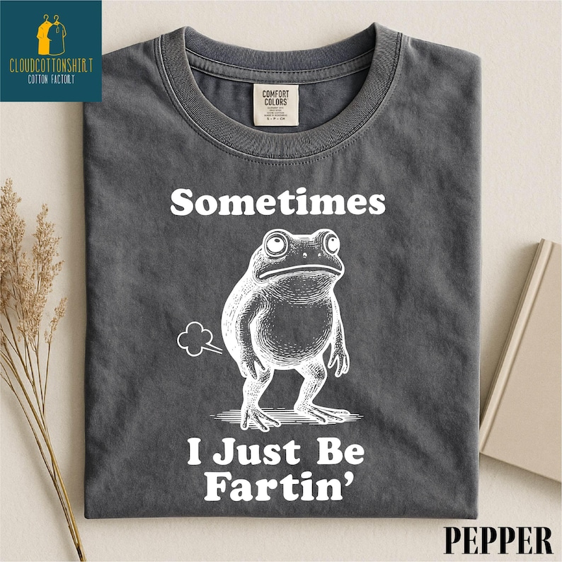 May include: A dark gray t-shirt with the text "Sometimes I Just Be Fartin'" and a detailed illustration of a frog. The shirt has a crew neck and is folded. The brand name "Cloud Cotton Shirt" is visible.
