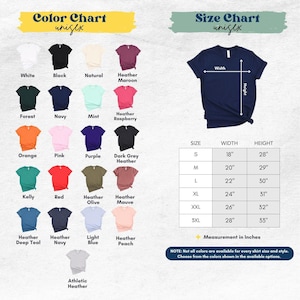 The image is a color chart and size chart for a variety of t-shirt designs, including different colors and sizes. The chart provides a visual representation of the available color options and corresponding measurements for each design.