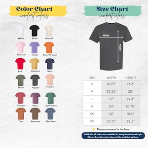 The image is a color chart and size chart for a t-shirt, providing a visual representation of different color options and corresponding measurements for various shirt sizes.