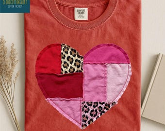 Faux Patchwork Heart Shirt, Valentines Day Gift, Faux Patchwork Sweatshirt, Cute Heart Sweater, Sewing Lover Gift, Comfort Colors T-Shirt