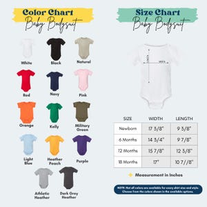 The image is a color chart and size chart for baby bodysuits, displaying various color options and corresponding measurements for different age groups.