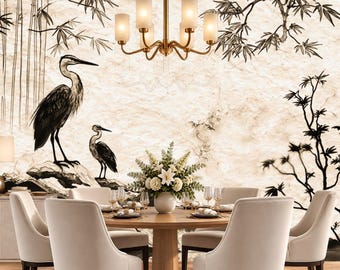 Vintage Asian Heron Wall Mural, Bamboo Rock Ink Art, Minimalist Japanese Decor (Peel & Stick)