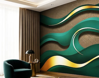 Smaragdgroene muurschildering, geometrisch art-decobehang, 3D-gouden abstracte golven verwijderbare peel-and-stick