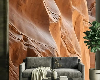 Mural del Cañón Japandi, Papel pintado abstracto con textura de piedra beige, Arte de pared a medida