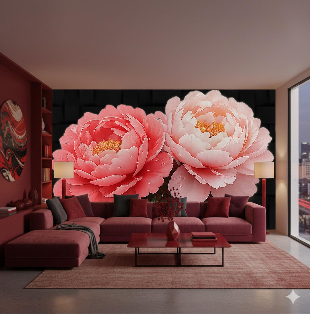Velvet Peony Wall Mural, Dark Floral Wallpaper, Custom Size - Etsy