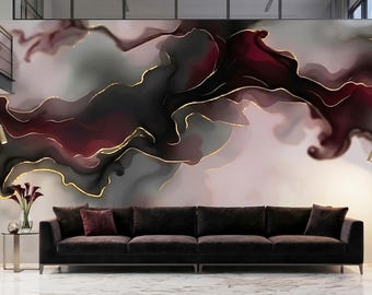 Burgund Wandbild | Smoky Alcohol Ink Wallpaper | Loft-Stil Dekor | Modernes Schlafzimmer | Gold Peel&Stick