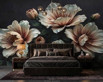 Murale floreale scuro / Carta da parati con dalie bianche intense / Decorazione per camera da letto / Stile di lusso / Peonia autoadesiva