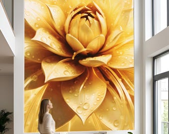 Mural floral 3D Loto Dorado: Arte de lujo moderno para lofts (tamaño personalizable)