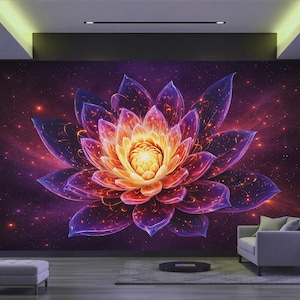 Papier peint mural lotus néon, art mural floral cyberpunk