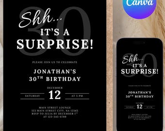 Editable Surprise 30th Birthday Invitation, Modern Minimalist Canva Template (Digital Download)