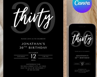 Editable Men's 30th Birthday Invitation Template, Modern Minimalist, Canva Evite and Printable (Digital Download)