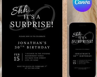 Editable Men's Surprise 30th Birthday Invitation, Modern Minimal Evite, Canva Template, Adult Birthday Invite for Men or Women