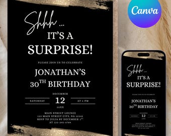 Editable Surprise Birthday Invitation Template, Modern Minimalist Gold and Black, Canva Printable and Evite (Digital Download)