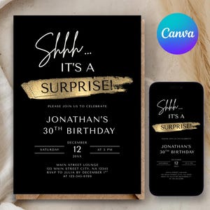 Op de afbeelding: Zwarte verjaardagsuitnodiging en bijpassende telefoon scherm mockup. De uitnodiging luidt "Shhh... IT'S A SURPRISE!" met gouden accenten. De uitnodiging is voor Jonathan's 30e verjaardag op 12 december.