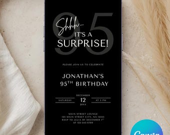 Editable Men's Surprise 95th Birthday Invitation, Modern Minimal Evite, Canva Template, Adult Birthday Invite for Men or Women