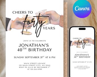 Editable Men's 40th Birthday Invitation Template, Modern Cheers Canva Design, Evite and Printable