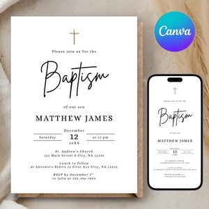 Könnte beinhalten: Eine weiße Tauf-Einladung mit einem goldenen Kreuz und eleganter Schrift. Die Einladung enthält den Text "Taufe unseres Sohnes Matthew James" und Veranstaltungsdetails. Ein Smartphone zeigt eine digitale Version.
