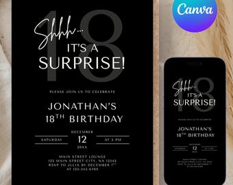 Editable Surprise 18th Birthday Invitation, Modern Minimalist Canva Template Invite (Digital Download)