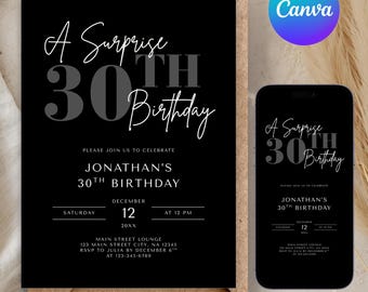 Invito a sorpresa per il 30° compleanno di un uomo modificabile, invito moderno e minimalista, modello Canva, invito di compleanno per adulti per uomini o donne