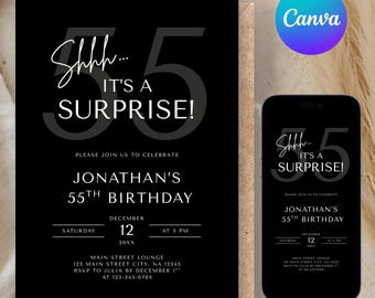 Editable Men's Surprise 55th Birthday Invitation, Modern Minimal Evite, Canva Template, Adult Birthday Invite for Men or Women for Any Age