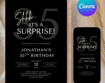 Editable Men's Surprise 35th Birthday Invitation, Modern Minimal Evite, Canva Template, Adult Birthday Invite for Men or Women