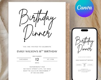 Editable Birthday Dinner Invite, Digital Invitation Template for Adult Dinner Party, Minimalistic Electronic Invite, Canva Printable Mobile