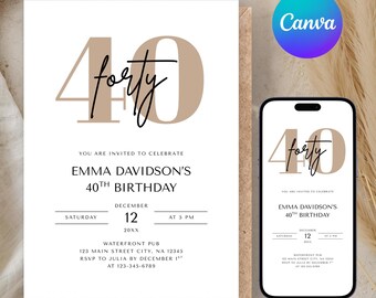 Editable 40th Birthday Invitation, Minimalist Invite, Adult Birthday Party Invitation, 30th, Canva Printable Evite